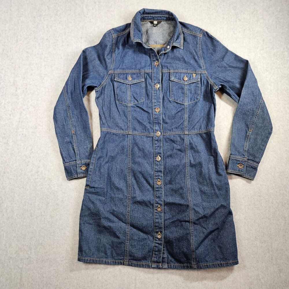 FRYE Denim Shirt Dress Women Medium Western Core Long Sleeve Collar Button Front